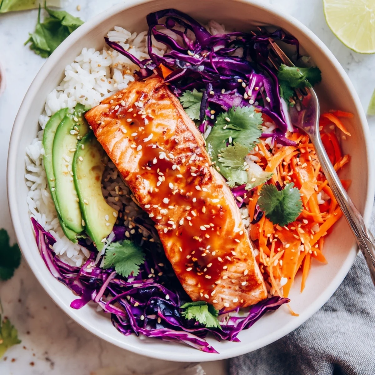 Bright Bang Bang Salmon Bowls served over warm jasmine rice, lime wedges.