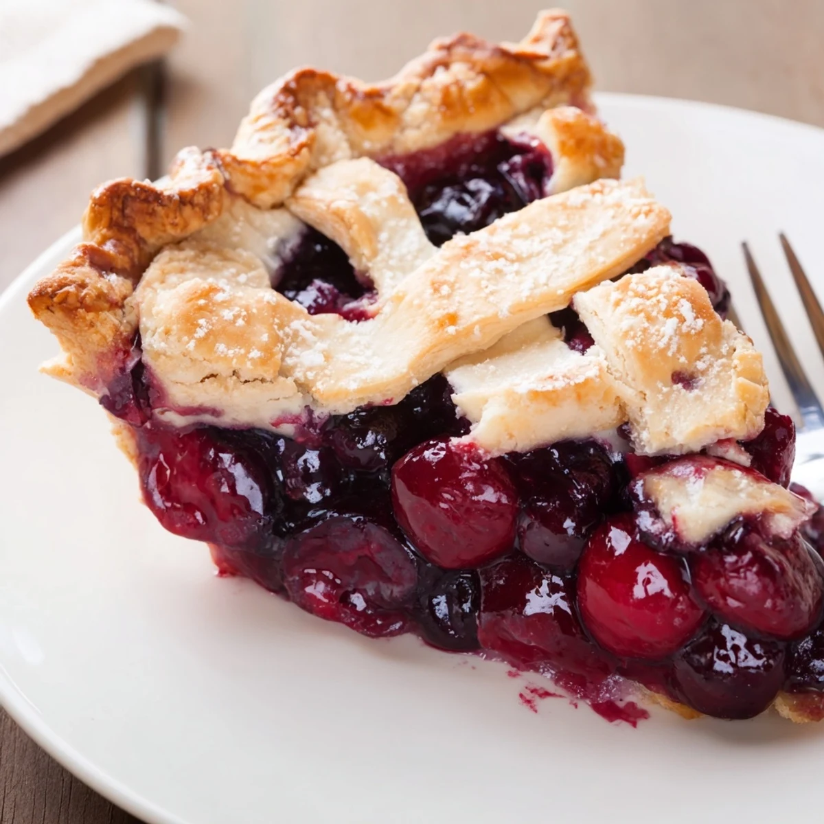 Cherry And Blueberry Pie with bubbling red and indigo filling, golden crust