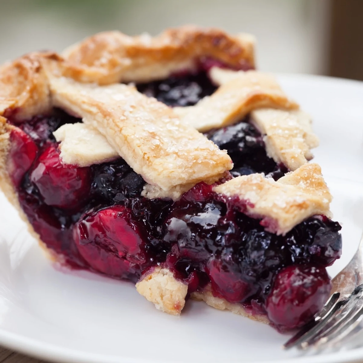 Lattice-topped Cherry And Blueberry Pie steaming on cooling rack, juicy fruit glistening