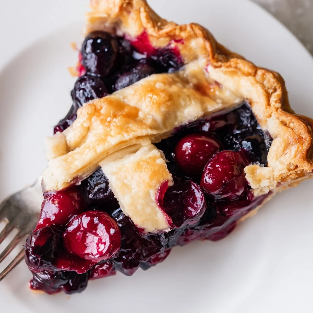 Warm Cherry And Blueberry Pie served with melting vanilla ice cream, flaky crust
