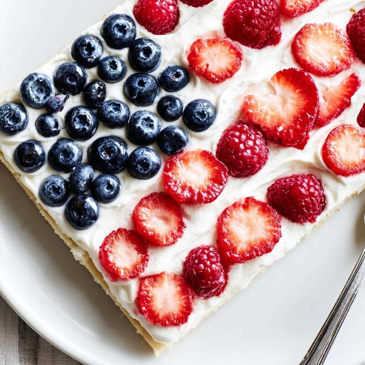 Sugar Cookie Flag Fruit Pizza with glossy cream cheese frosting and vibrant berries
