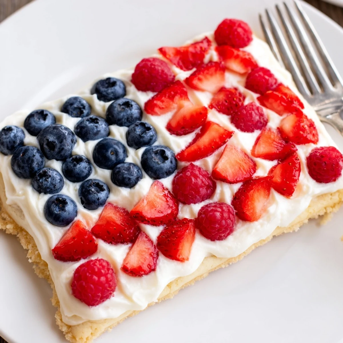 Single serving wedge of Sugar Cookie Flag Fruit Pizza shows buttery crust, tangy berries