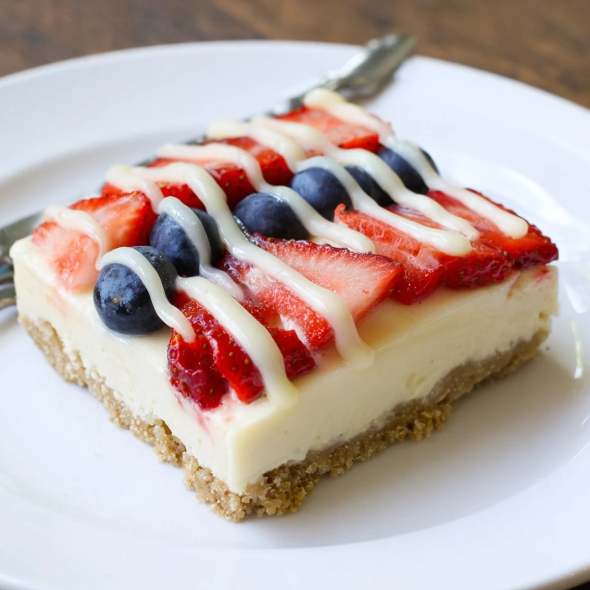Patriotic Cheesecake Bars chilled on parchment, creamy filling with bright berry topping