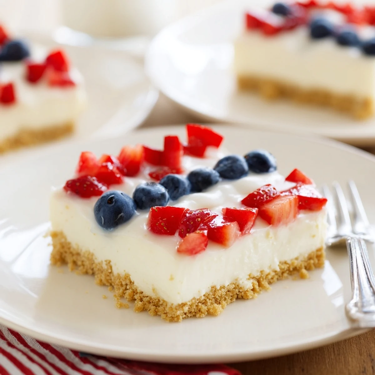 Sliced Patriotic Cheesecake Bars plated for summer picnic, strawberries and blueberries