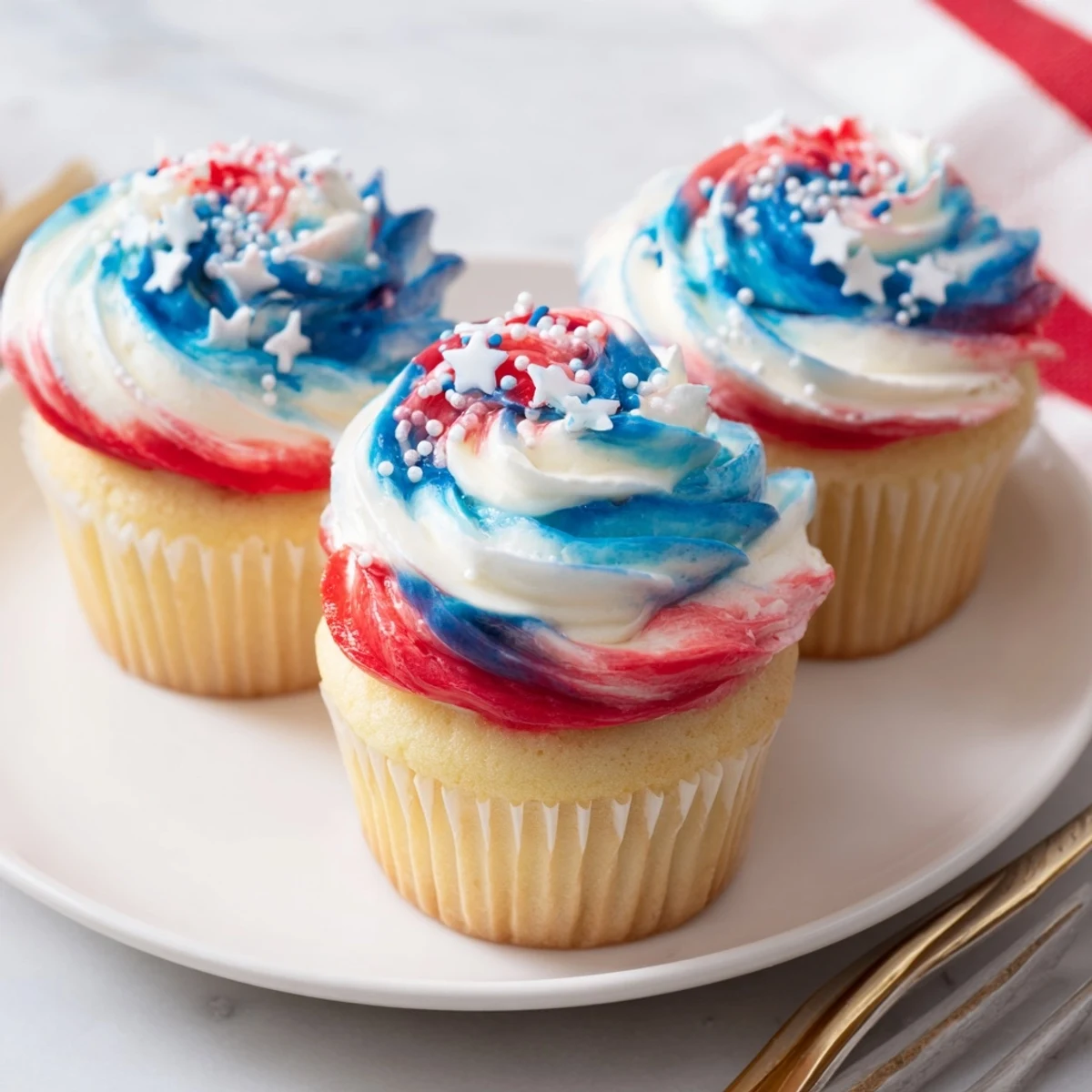 Patriotic Firework Cupcakes with fluffy vanilla cake and vibrant buttercream swirls