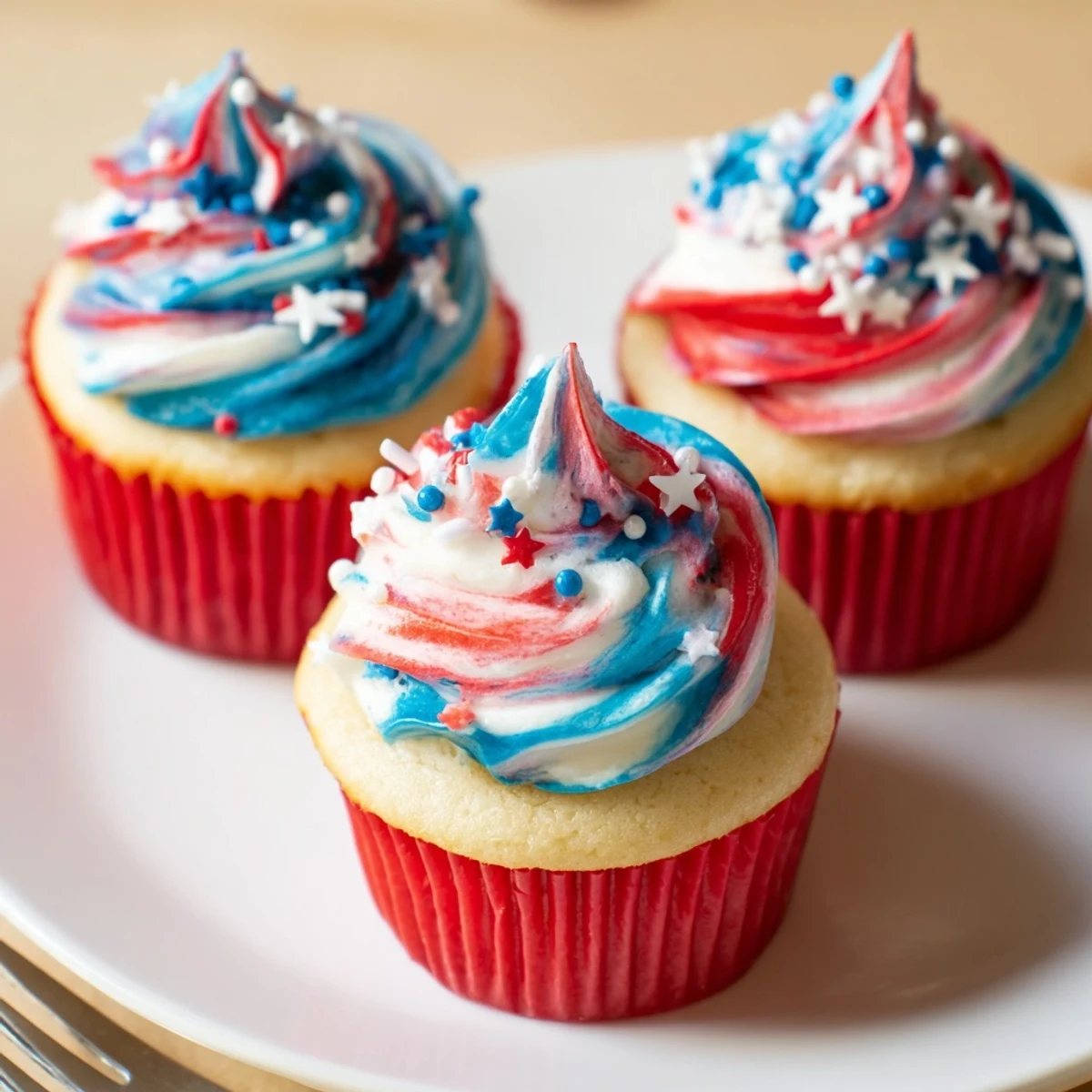 Serve Patriotic Firework Cupcakes topped with crunchy sprinkles and edible star candies