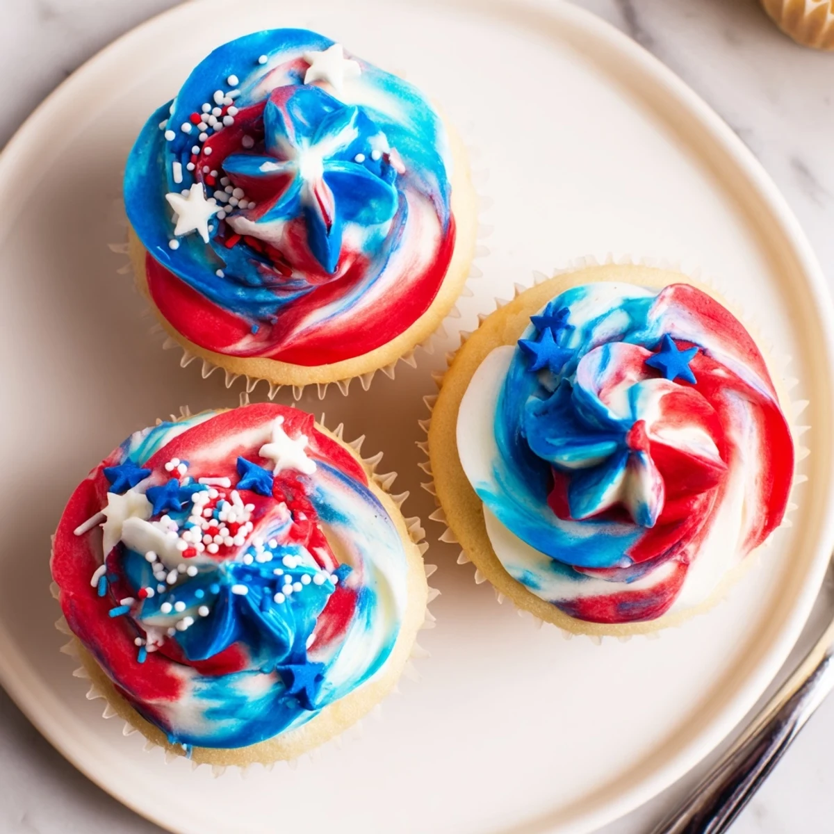Patriotic Firework Cupcakes piped in tall swirls, perfect for Fourth of July picnics