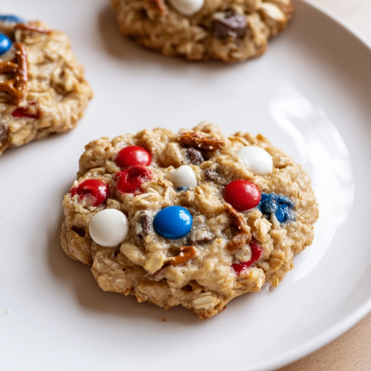 A plate of Patriotic Monster Cookies Recipe piled high, colorful chocolate crunch  
