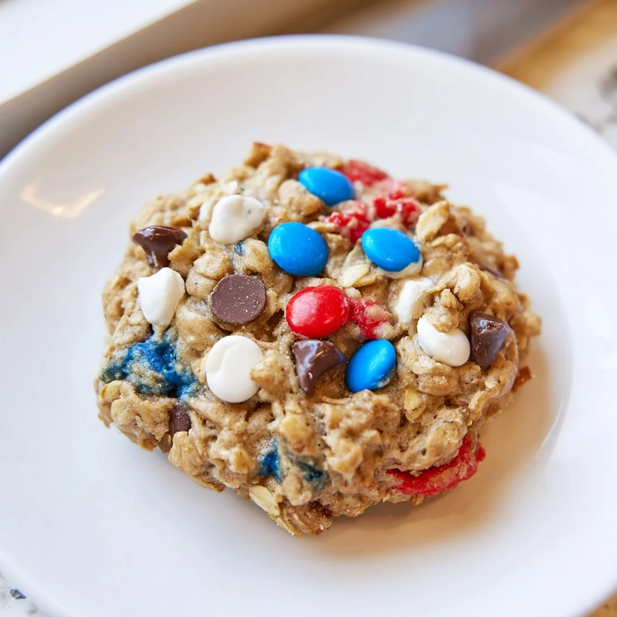 Warm Patriotic Monster Cookies Recipe cooling on rack, chewy oats and candy  