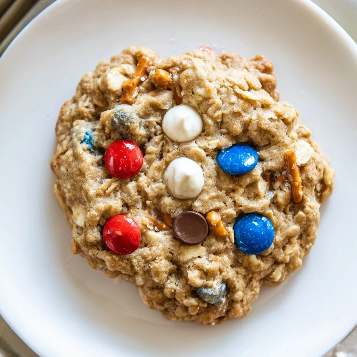 Close-up of Patriotic Monster Cookies Recipe showing melted chips, hint of peanut butter