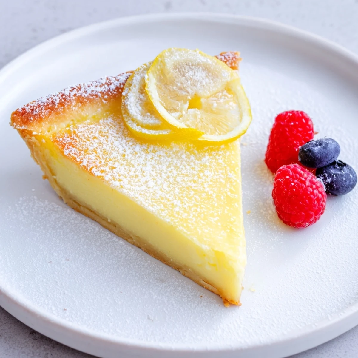 A chilled Creamy Lemon Tart Recipe served with fresh berries and bright zest