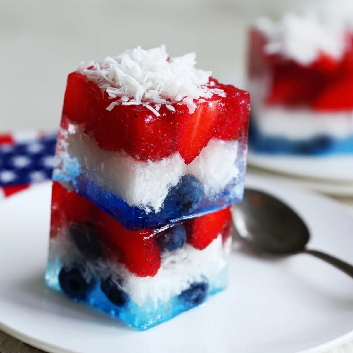 Homemade Red White And Blue Ice Cubes Recipe: close-up of glossy frozen fruit layers.