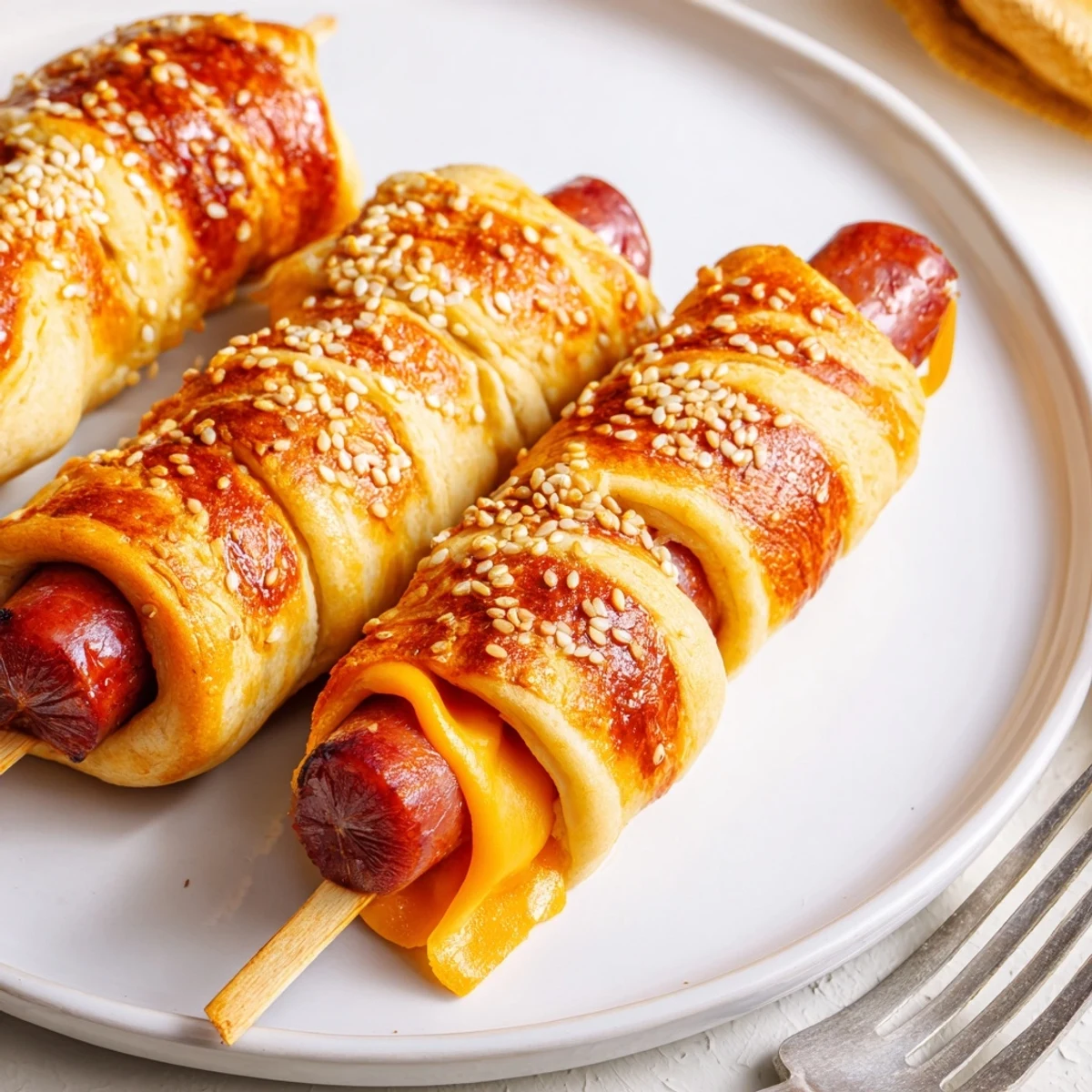 Golden baked Firecracker Hot Dogs on parchment, buttery aroma, sesame sprinkle  