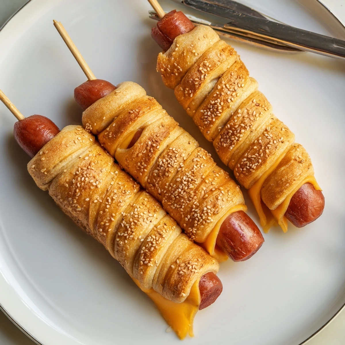 Crescent-wrapped Firecracker Hot Dogs baked golden, warm texture, perfect picnic snack