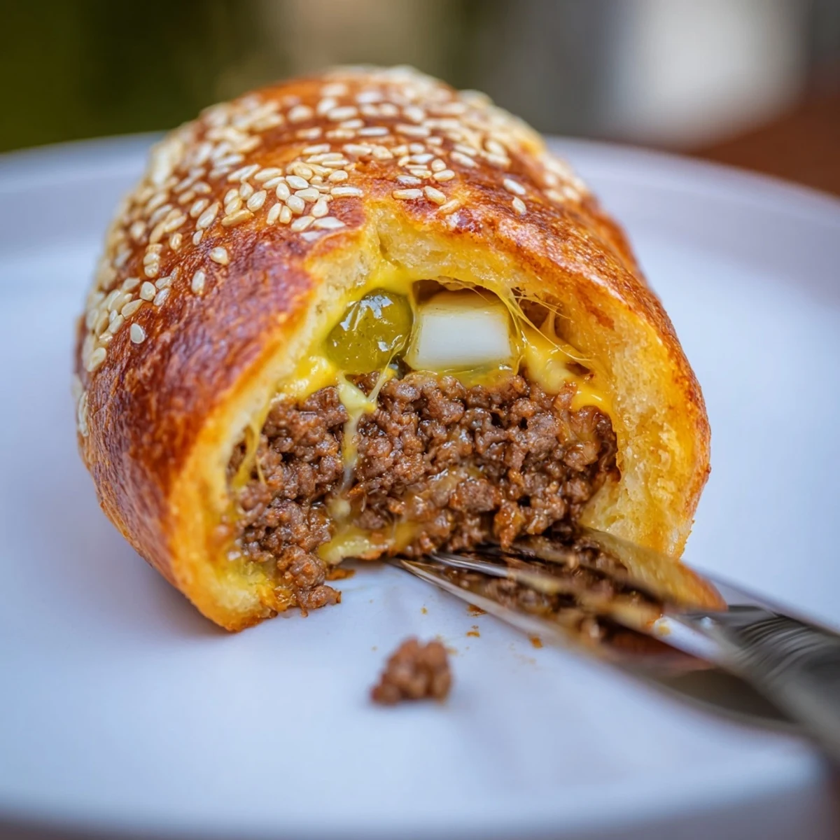 Handheld Cheesy Cheeseburger Bombs Explosion Recipe oozing melted cheese, ready with ketchup.