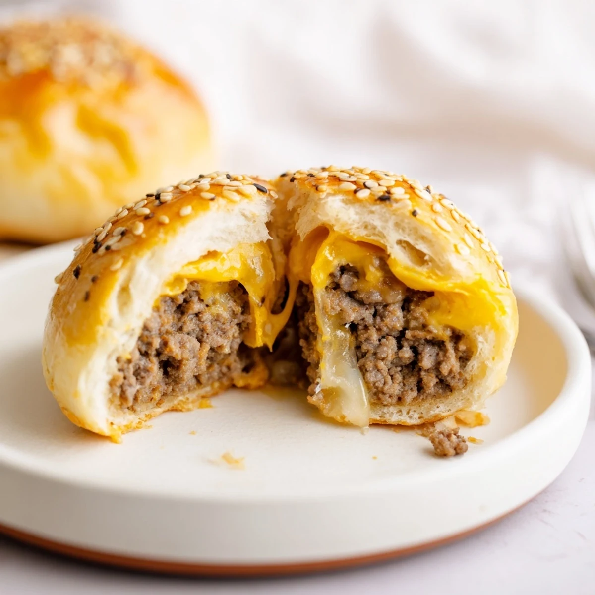 Golden, sesame sprinkled Cheesy Cheeseburger Bombs Explosion Recipe steaming on baking sheet.