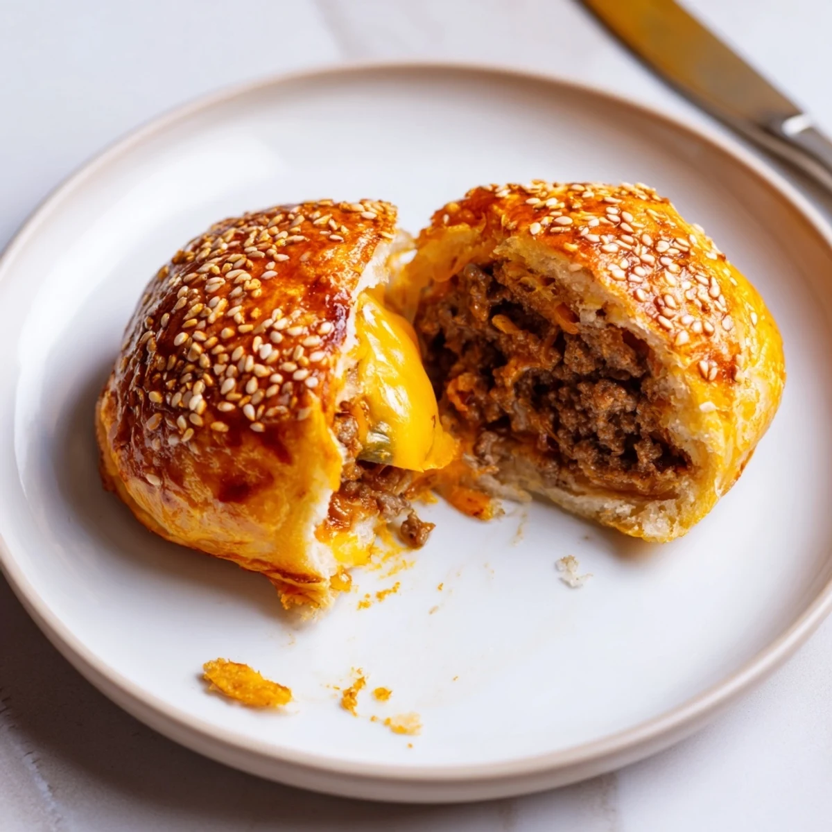 Close up of split Cheesy Cheeseburger Bombs Explosion Recipe showing gooey cheese pull.