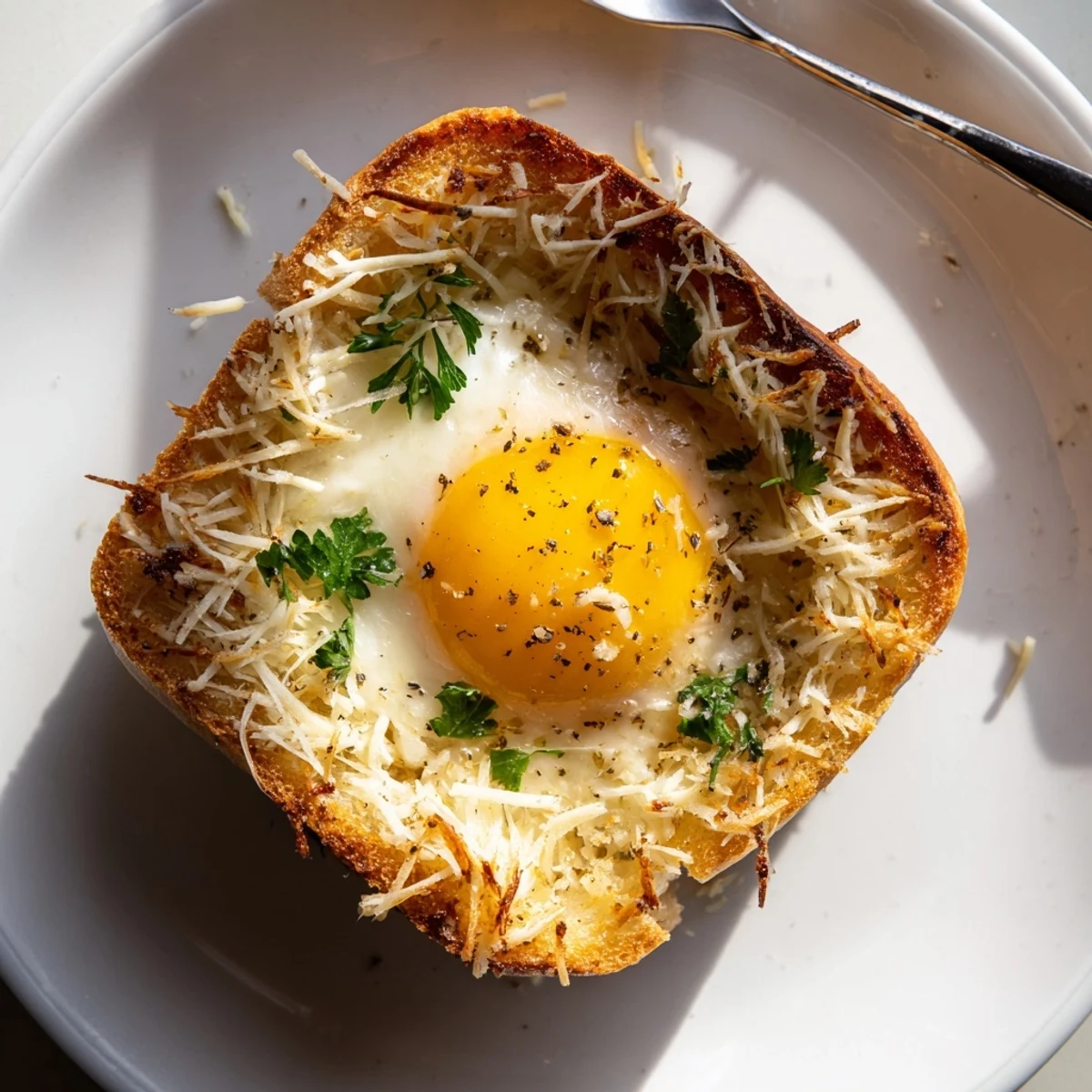Lazy Garlic Bread Egg Cups with golden edges, melted cheese and parsley.
