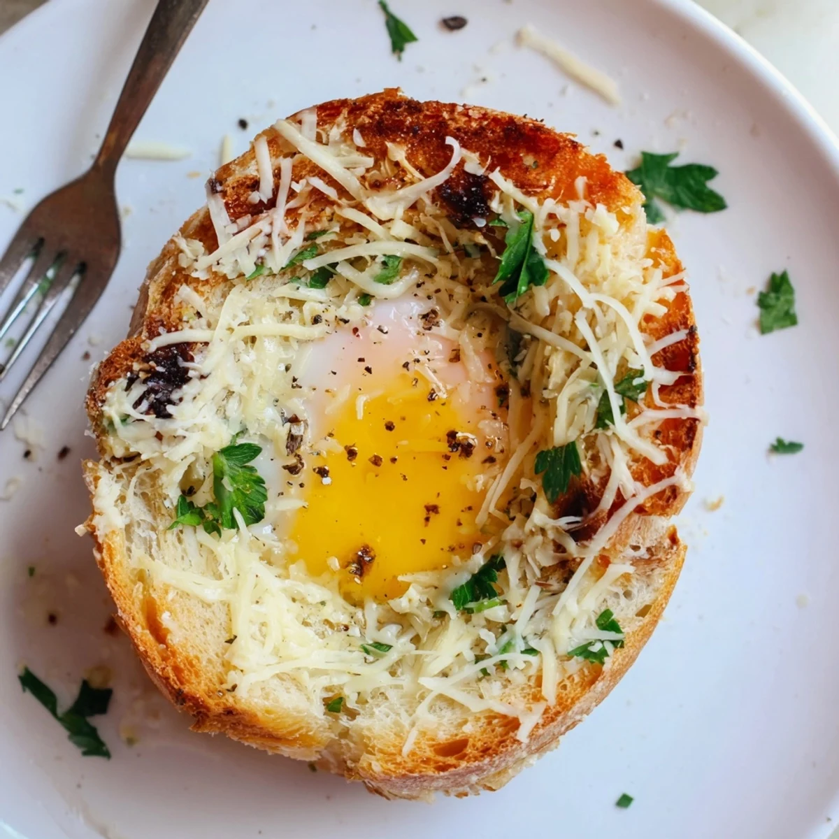Oven-baked Lazy Garlic Bread Egg Cups, crisped bread edges and soft yolks.