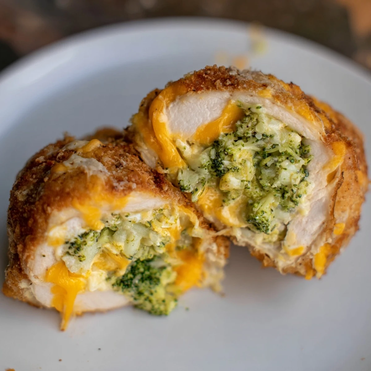 Oven-baked Broccoli Cheese Stuffed Chicken Breast oozing cheddar, resting on parchment