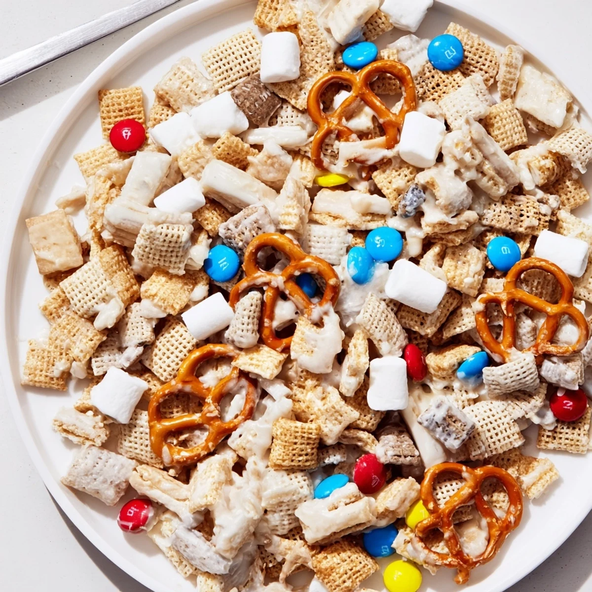 White Trash Snack Mix piled on parchment lined baking sheet with glossy coating