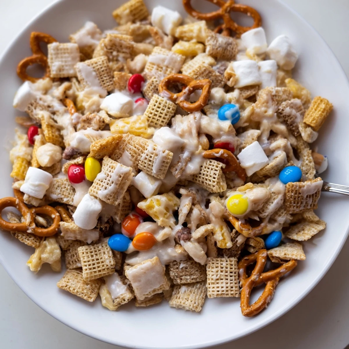 Bowl of White Trash Snack Mix with crunchy pretzels, sweet chocolate candies