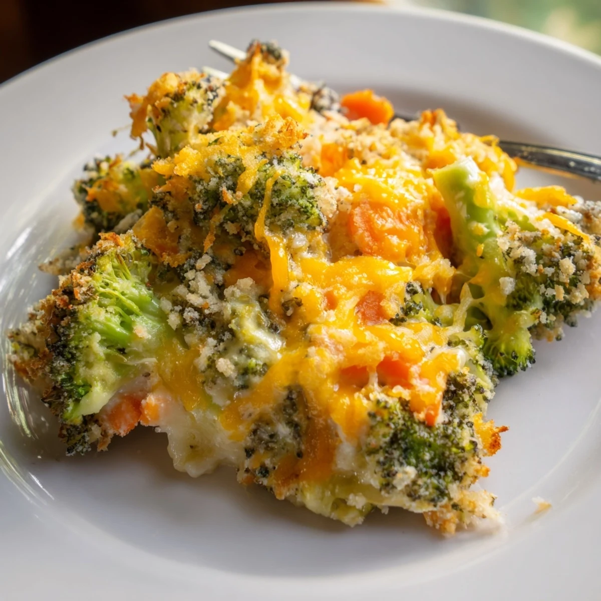 Creamy Cheese Bake Broccoli Carrots topped with crunchy panko, melted cheddar.