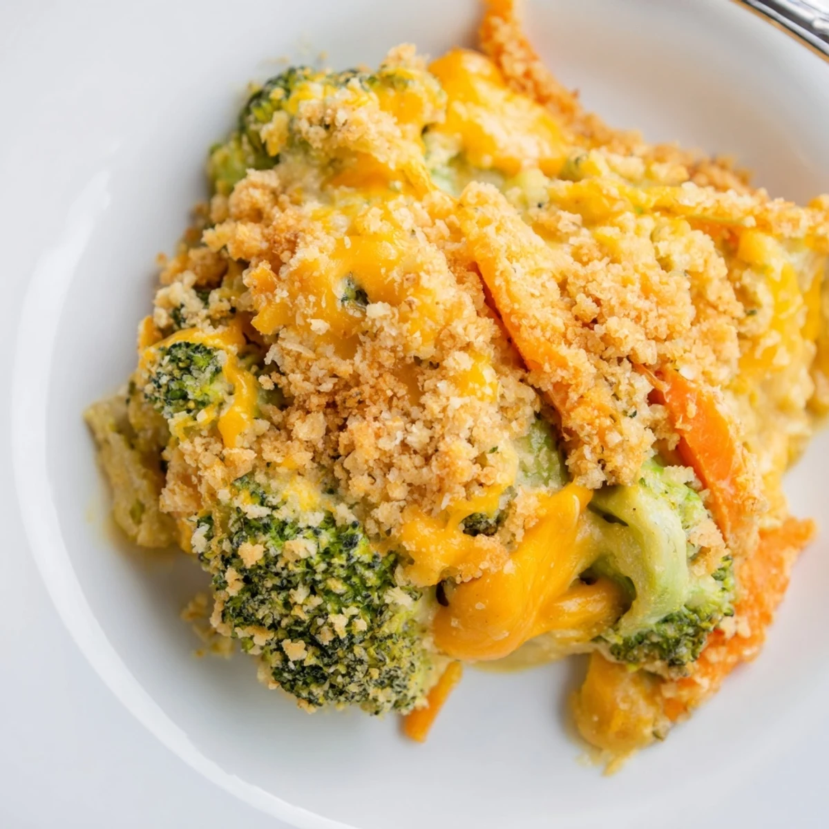 Golden, bubbling casserole of Cheese Bake Broccoli Carrots, steaming from oven.