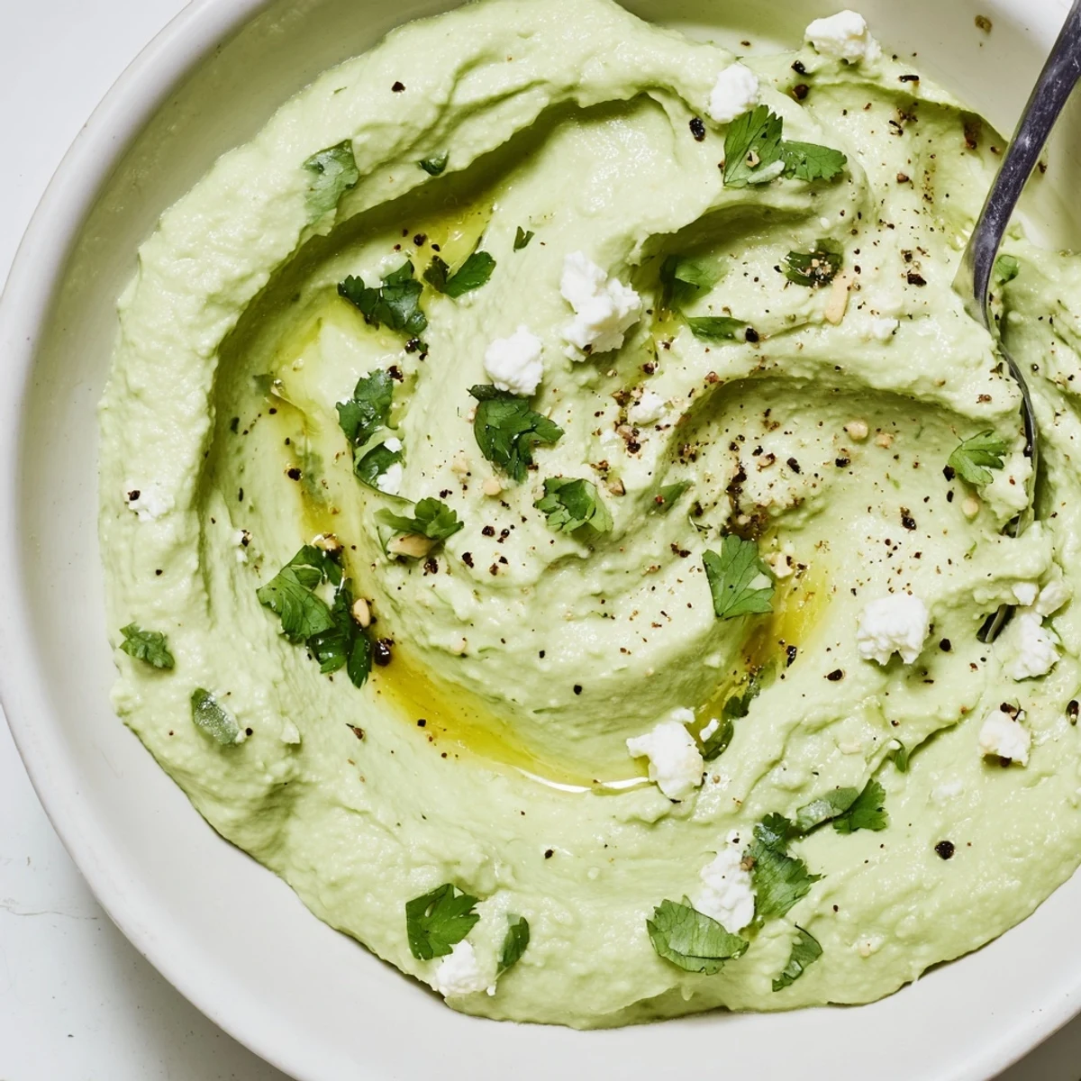 Close up spoonful of Creamy Avocado Feta Dip showing texture, garlic flecks