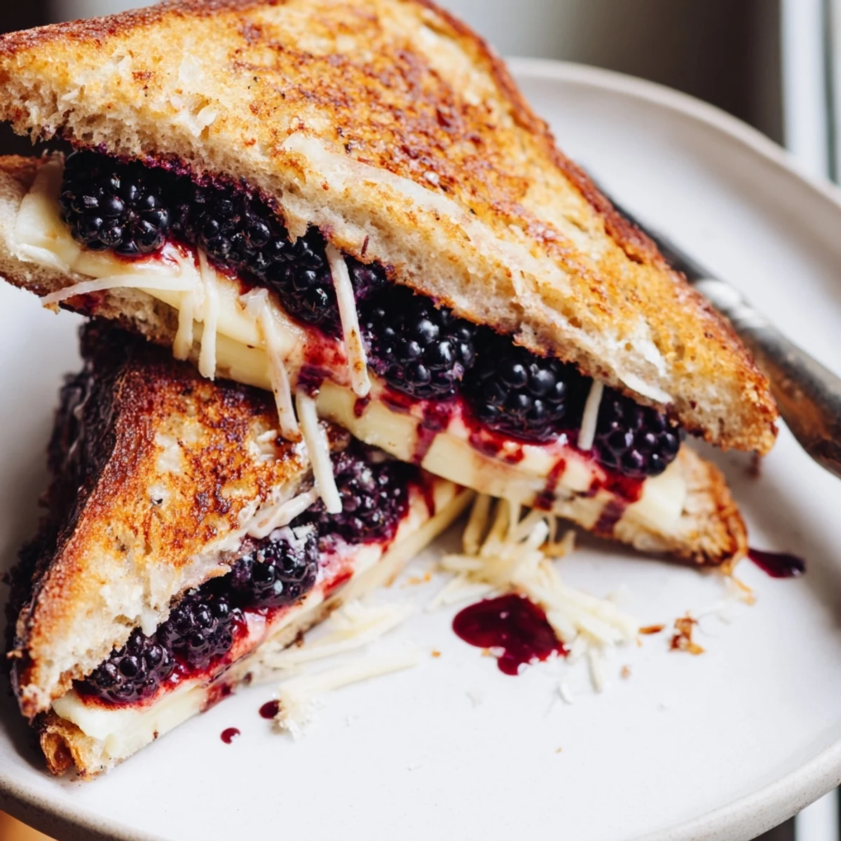 Balsamic Blackberry Bliss Grilled Cheese with melty brie, juicy blackberries, golden crust