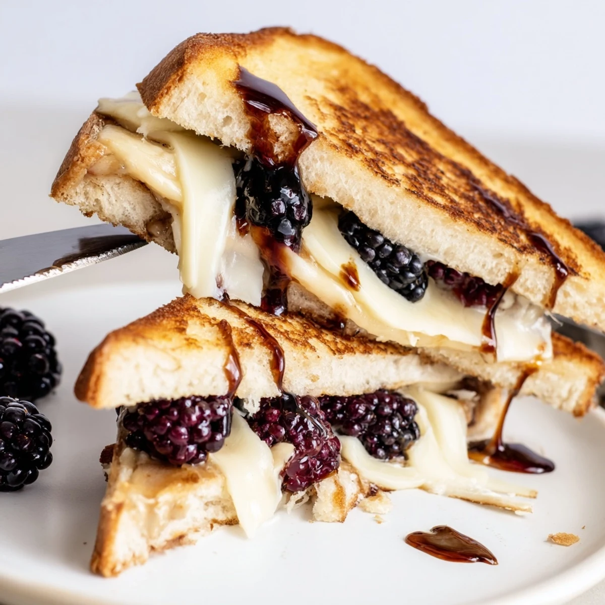 Skillet toasted Balsamic Blackberry Bliss Grilled Cheese, creamy brie and honey balsamic glaze