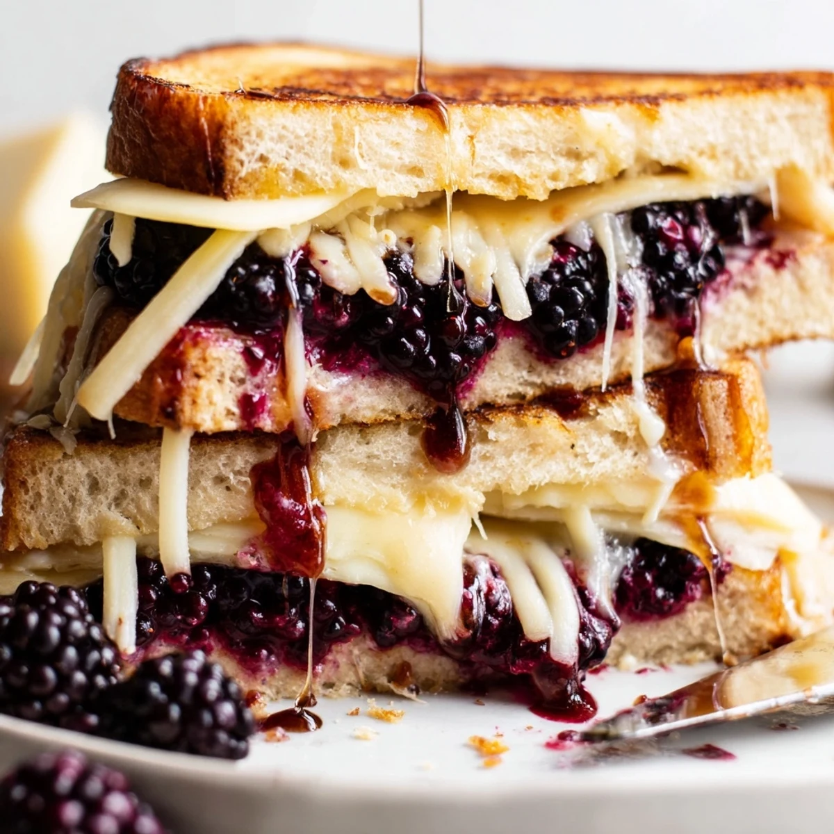 Sliced Balsamic Blackberry Bliss Grilled Cheese resting warm, tart berries and melted cheddar