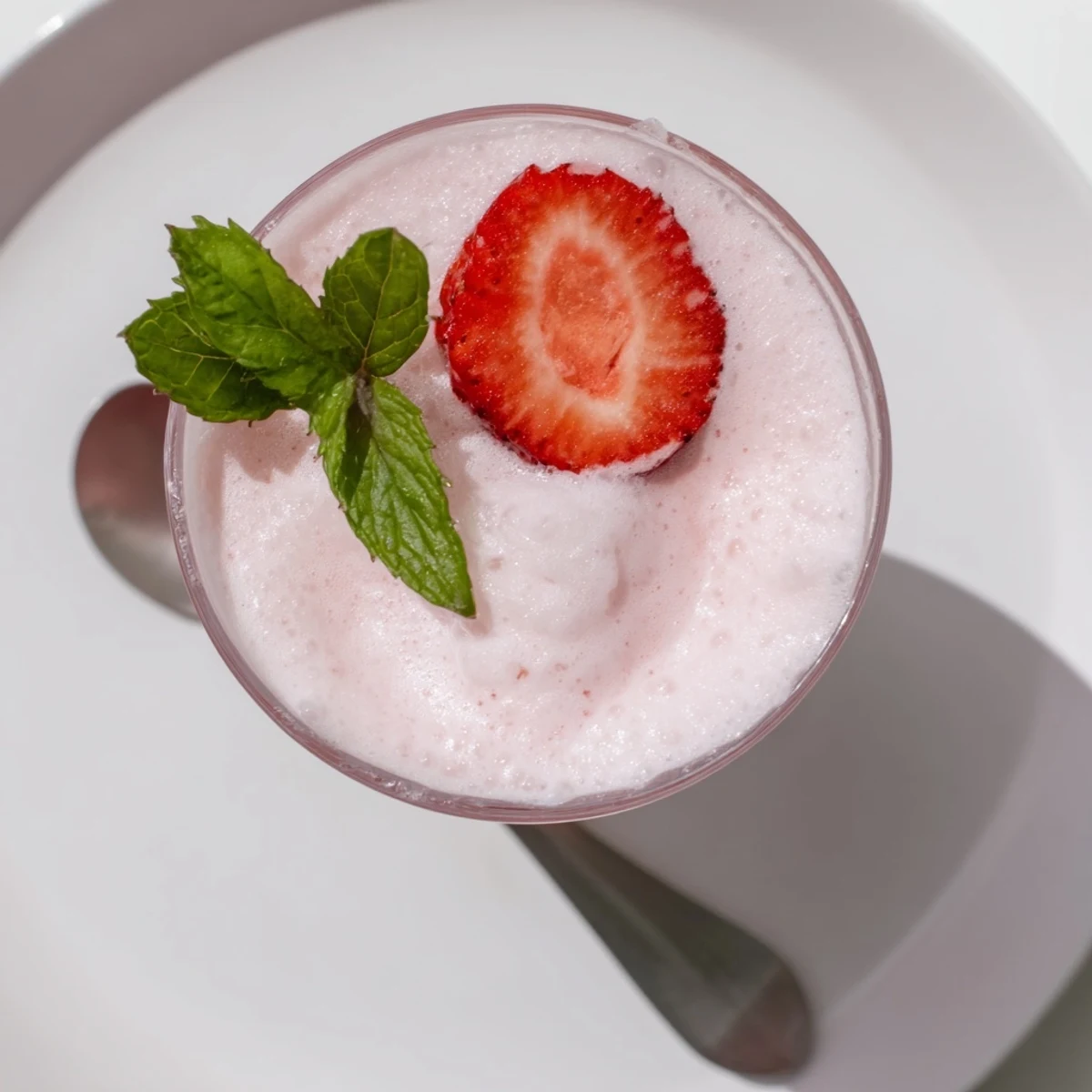 Strawberry Coconut Cooler Recipe: frothy pink drink garnished with mint and sliced strawberries
