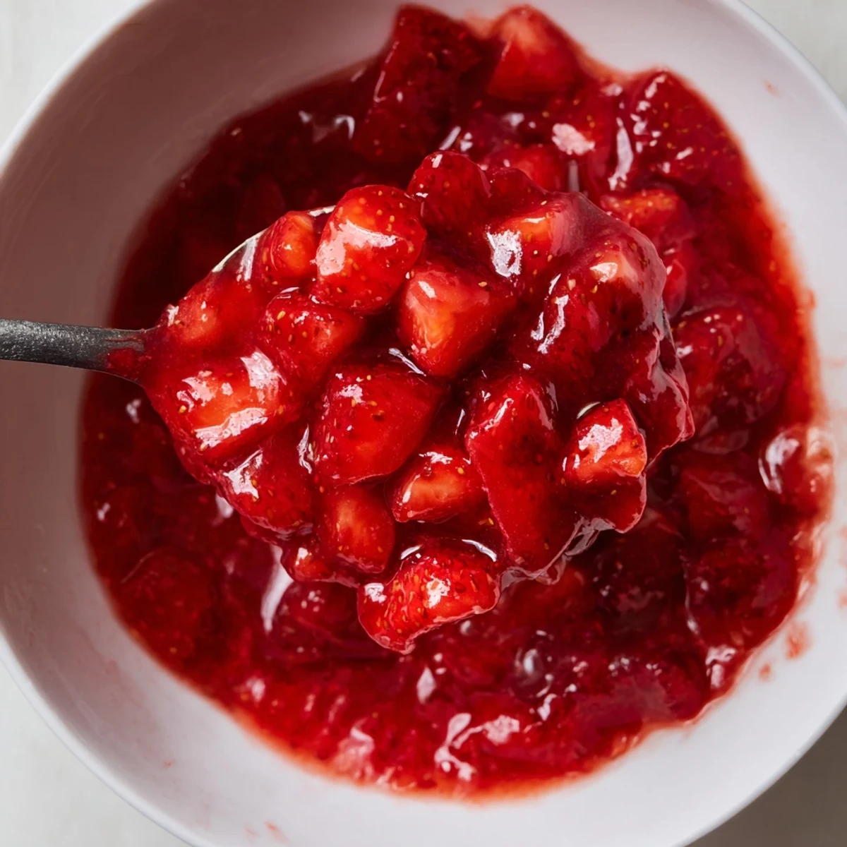 Glassy ruby filling from Strawberry Cake Filling Recipe spooned onto cake layer  