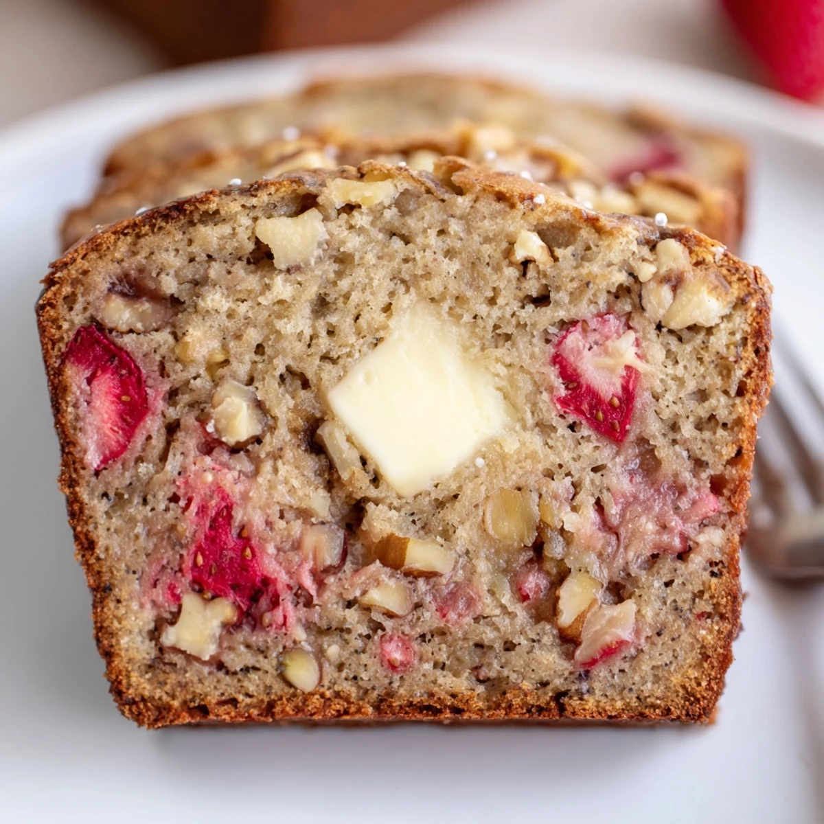 Sliced Strawberry Banana Bread Recipe cooling on rack, tender moist crumb