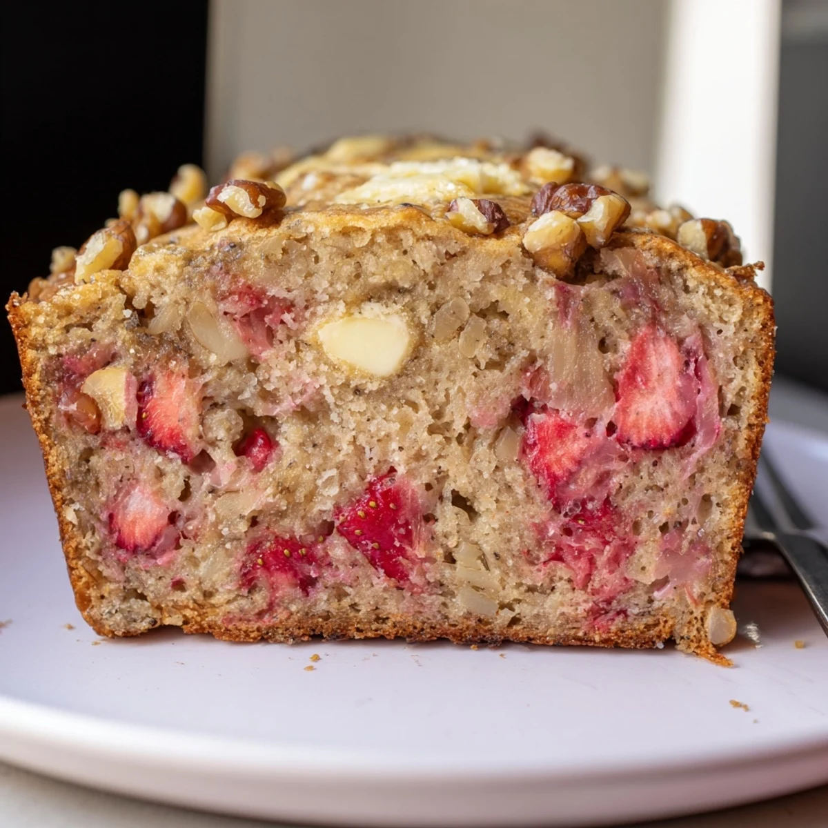 Homestyle Strawberry Banana Bread Recipe served warm with melted butter