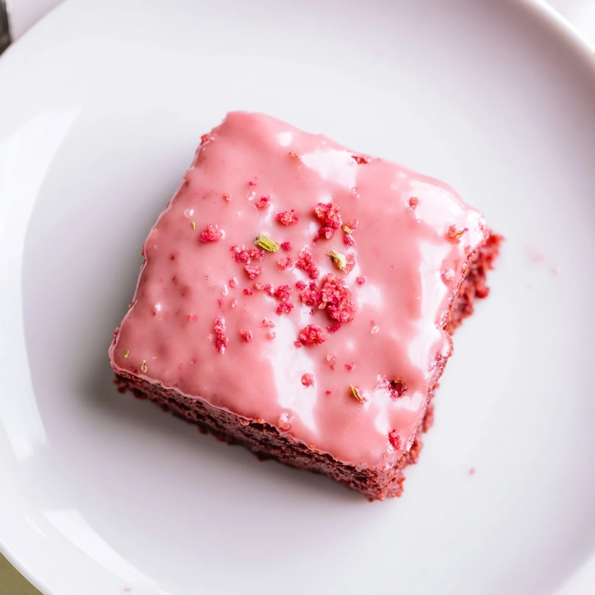 Close-up of warm Strawberry Brownies square with glossy glaze and chopped freeze-dried strawberries.