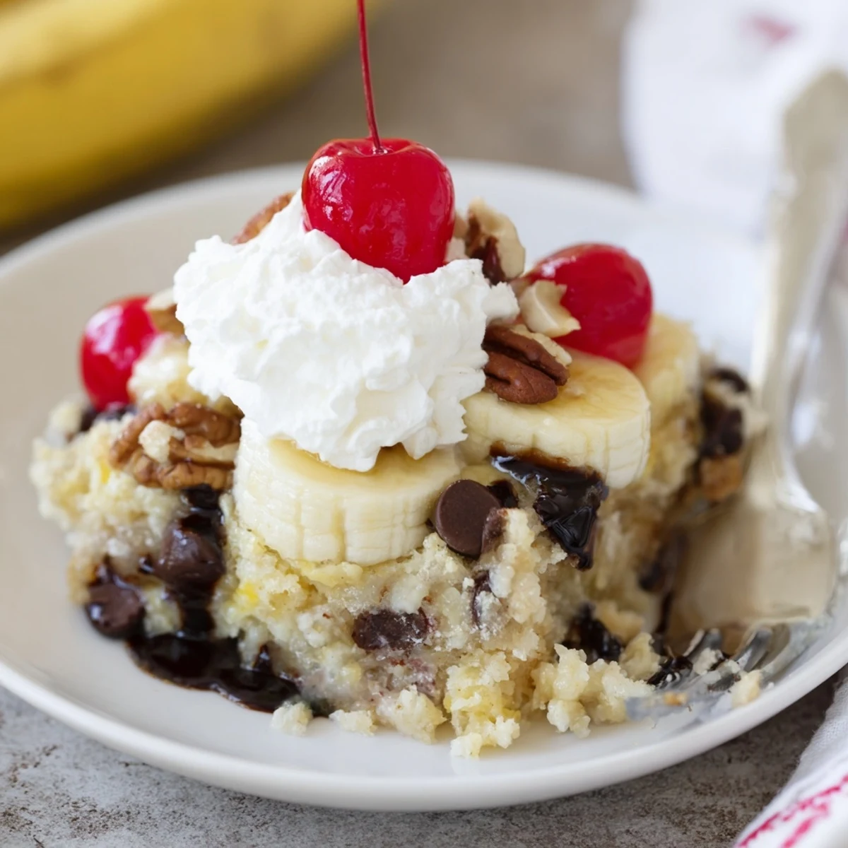 Warm Banana Split Dump Cake bubbling at edges, topped with whipped cream