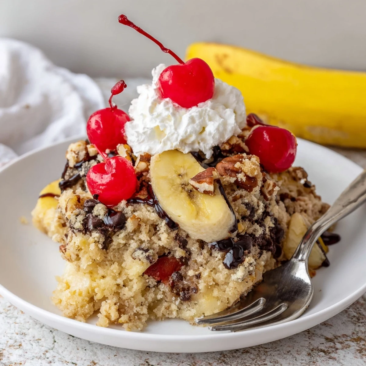 Sliced bananas and cherries peeking from a golden Banana Split Dump Cake