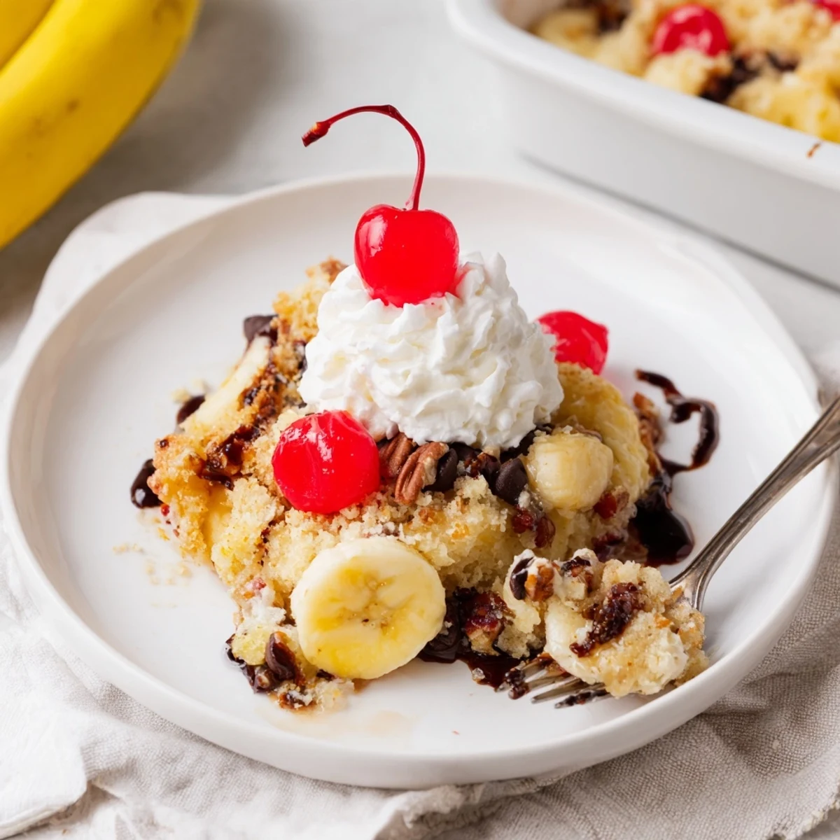 Served with vanilla ice cream, the Banana Split Dump Cake melts decadently