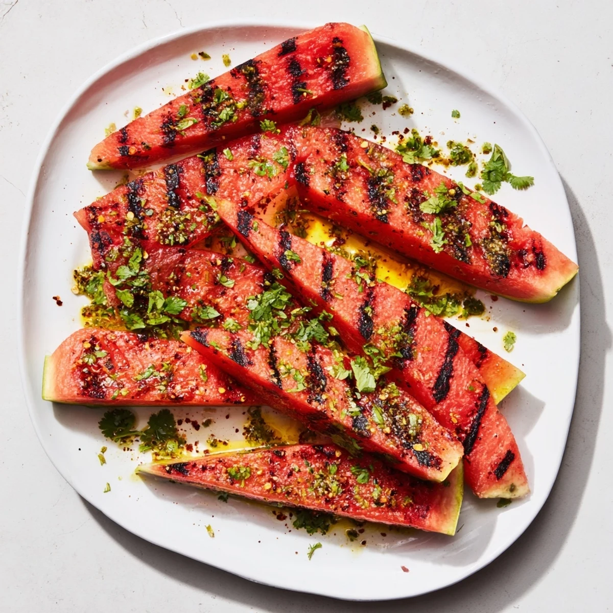 Grilled watermelon wedges with charred grill marks topped with fresh cilantro and bright lime zest