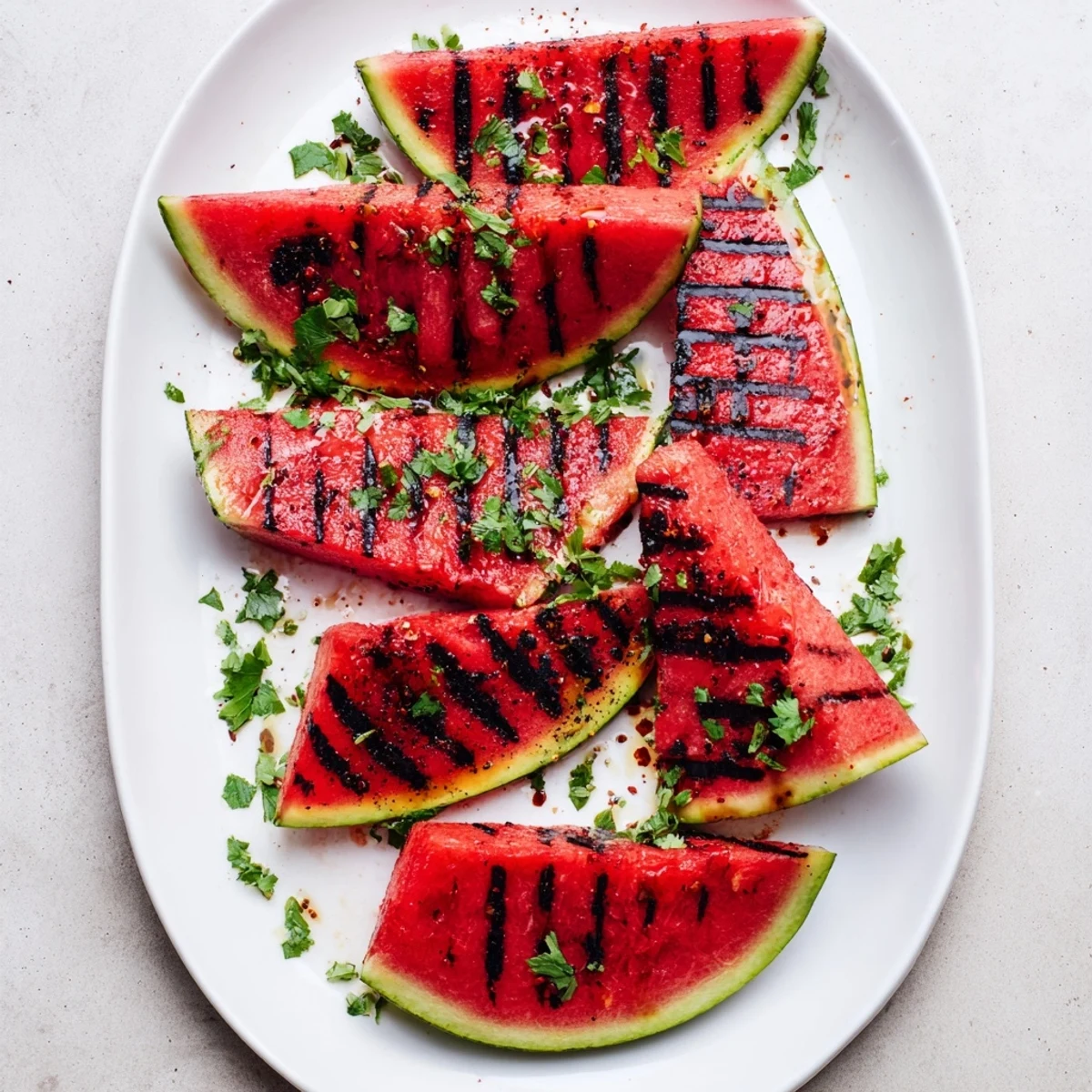 Cilantro lime grilled watermelon slices arranged on a white platter with vibrant green garnish