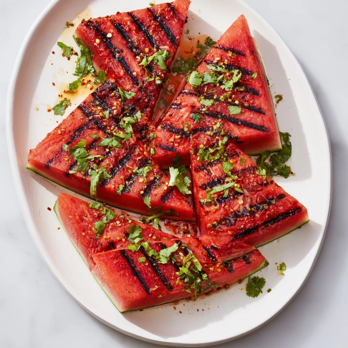 Watermelon recipe featuring caramelized fruit drizzled with lime juice and sprinkled with chopped cilantro