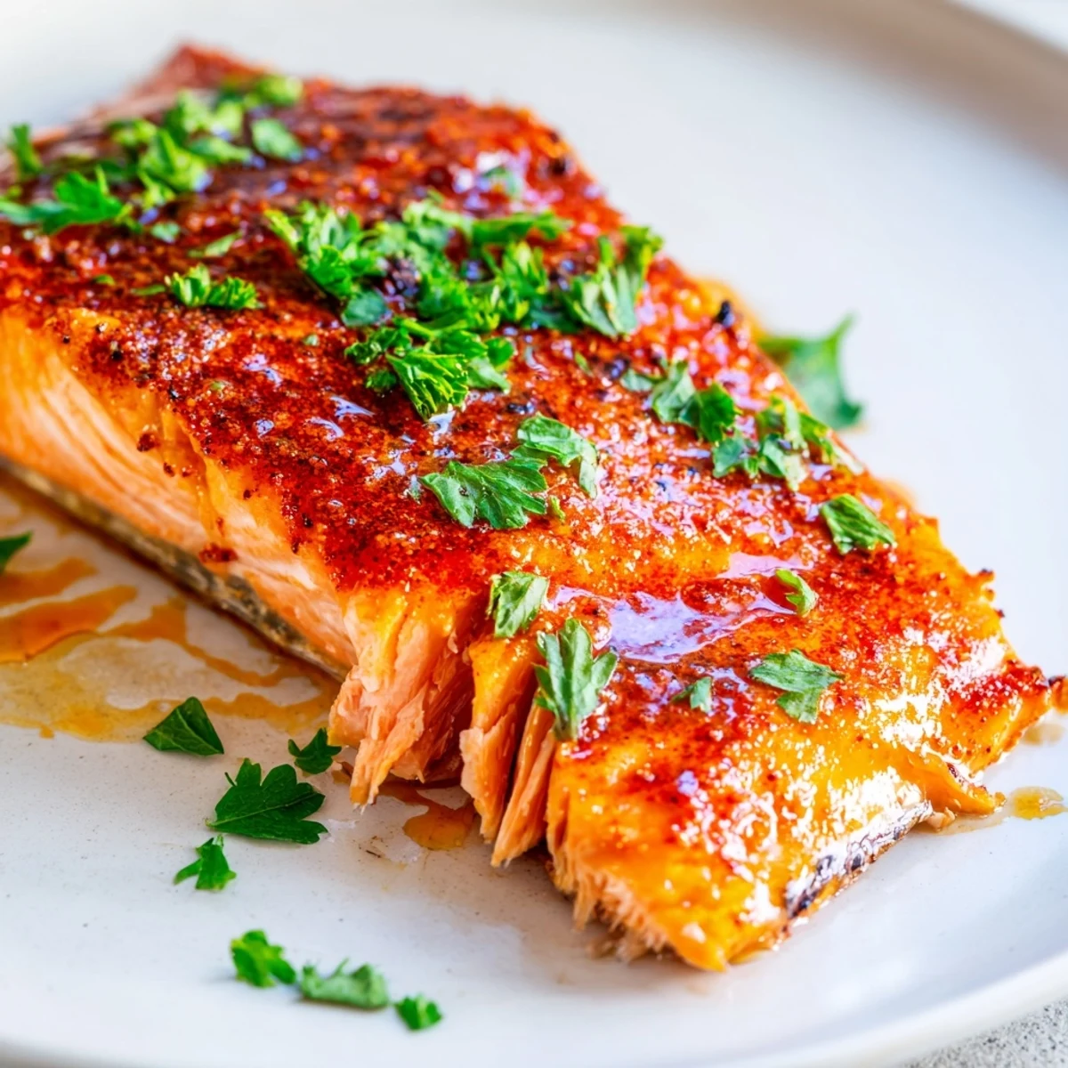 Baked salmon with spicy Cajun seasoning topped with sweet honey lemon butter glaze