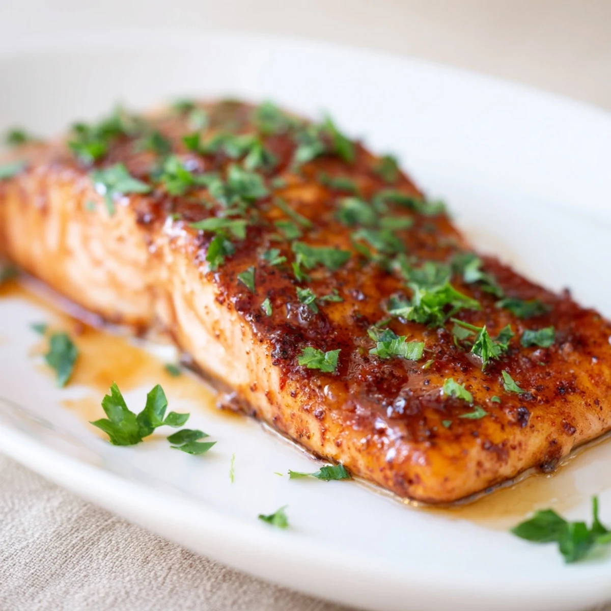 Crispy roasted Cajun honey salmon served on white plate with lemon wedges