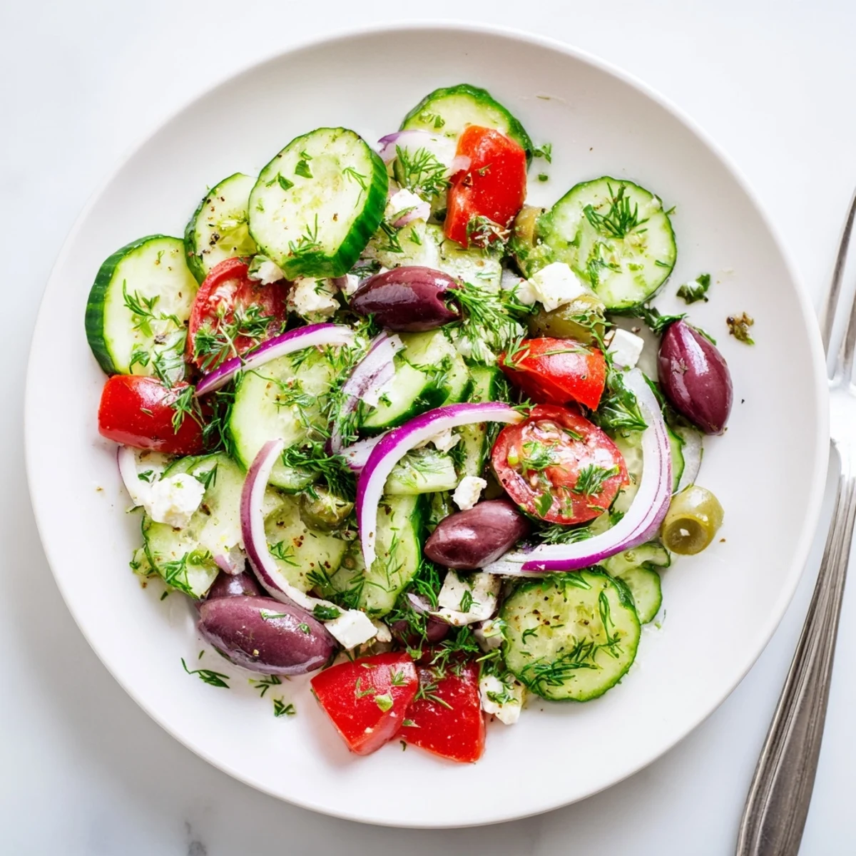Fresh Mediterranean cucumber salad bowl with crisp vegetables, feta cheese, and olives