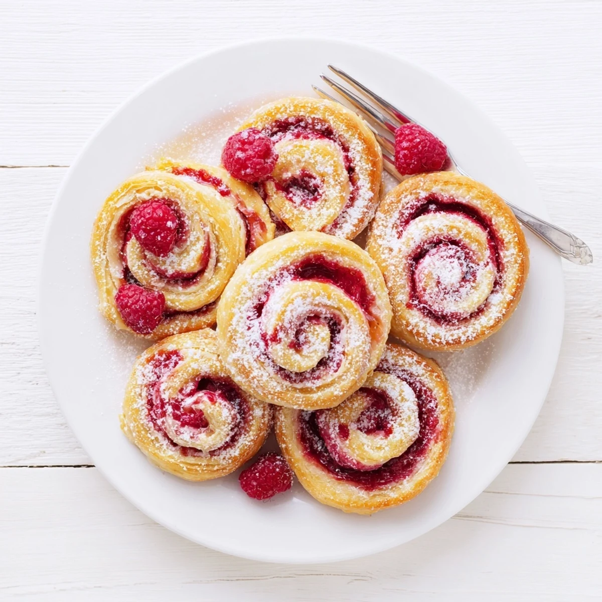 Raspberry puff pastry rolls dusted with powdered sugar on a white baking tray ready for serving