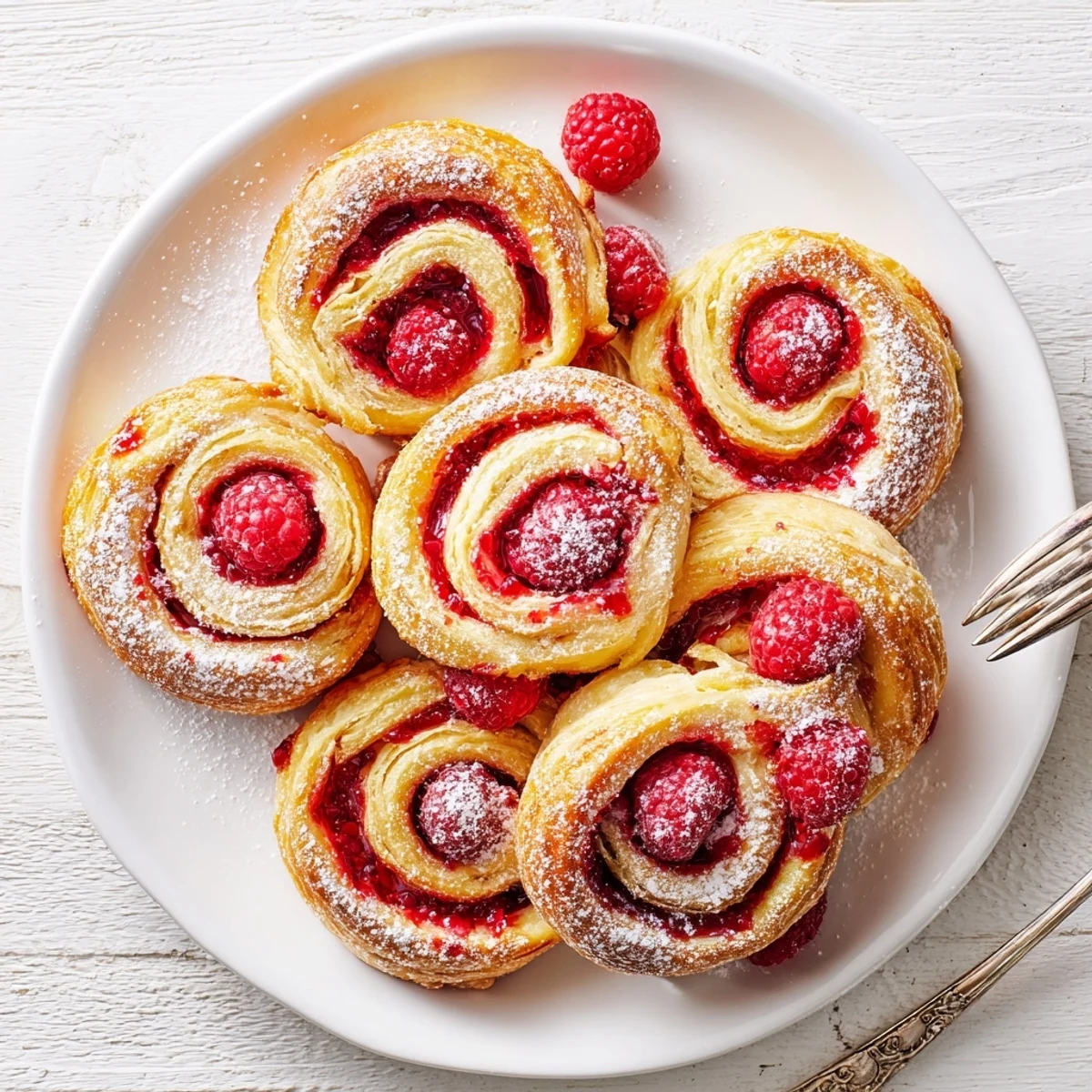 Golden raspberry puff pastry rolls feature spiraled layers of flaky dough with vibrant red raspberry filling