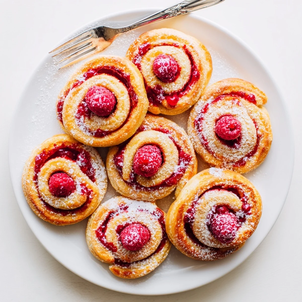 Close-up of baked raspberry puff pastry rolls showing golden brown pastry spirals and sweet raspberry jam centers
