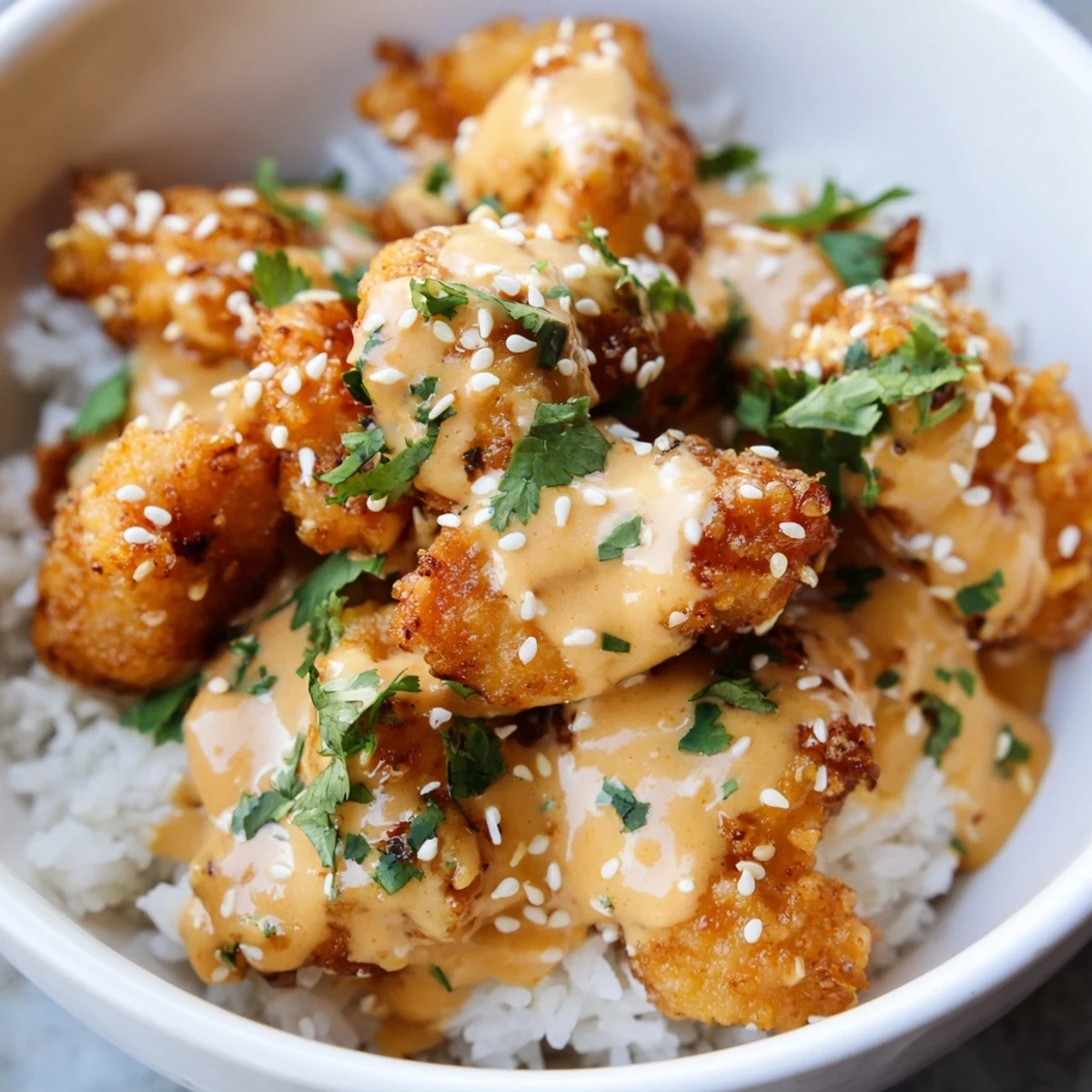 Crispy golden chicken drizzled with spicy bang bang sauce over fluffy jasmine rice